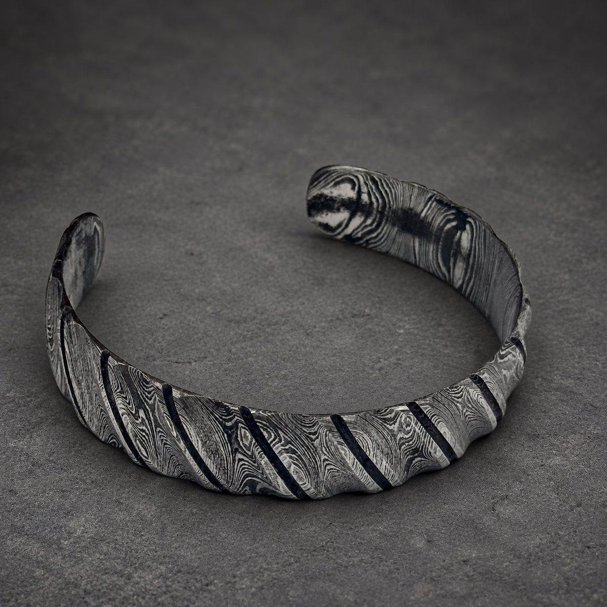 Damascus Steel Cuff Bracelet, Twisted Pattern — Viking Unisex Bangle, view 2