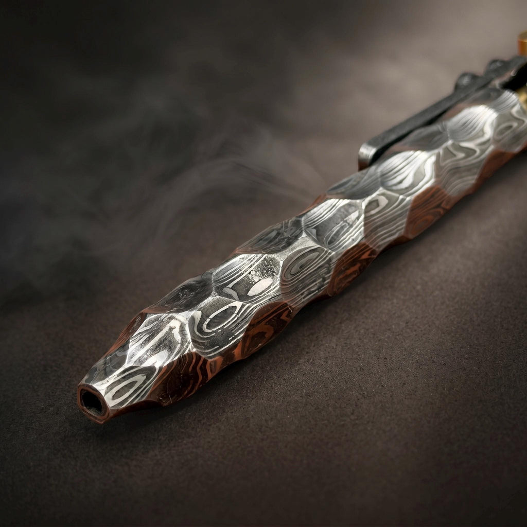 Damascus Steel Hexagonal Ballpoint Pen — Hammered Faces