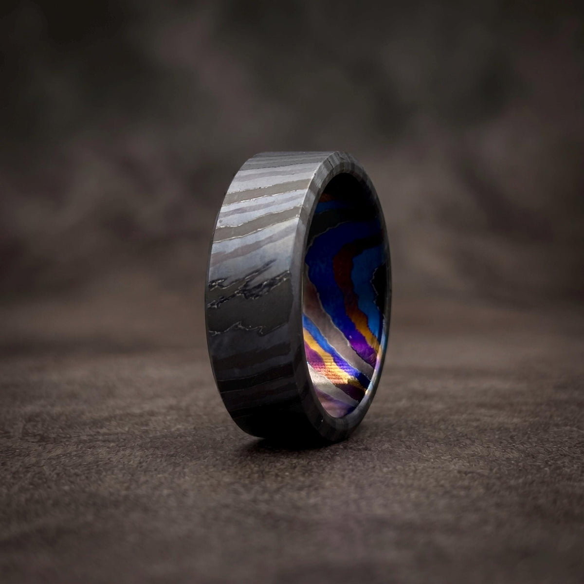 Zircoti Wedding Band — Black Chamfered Mokuti Ring