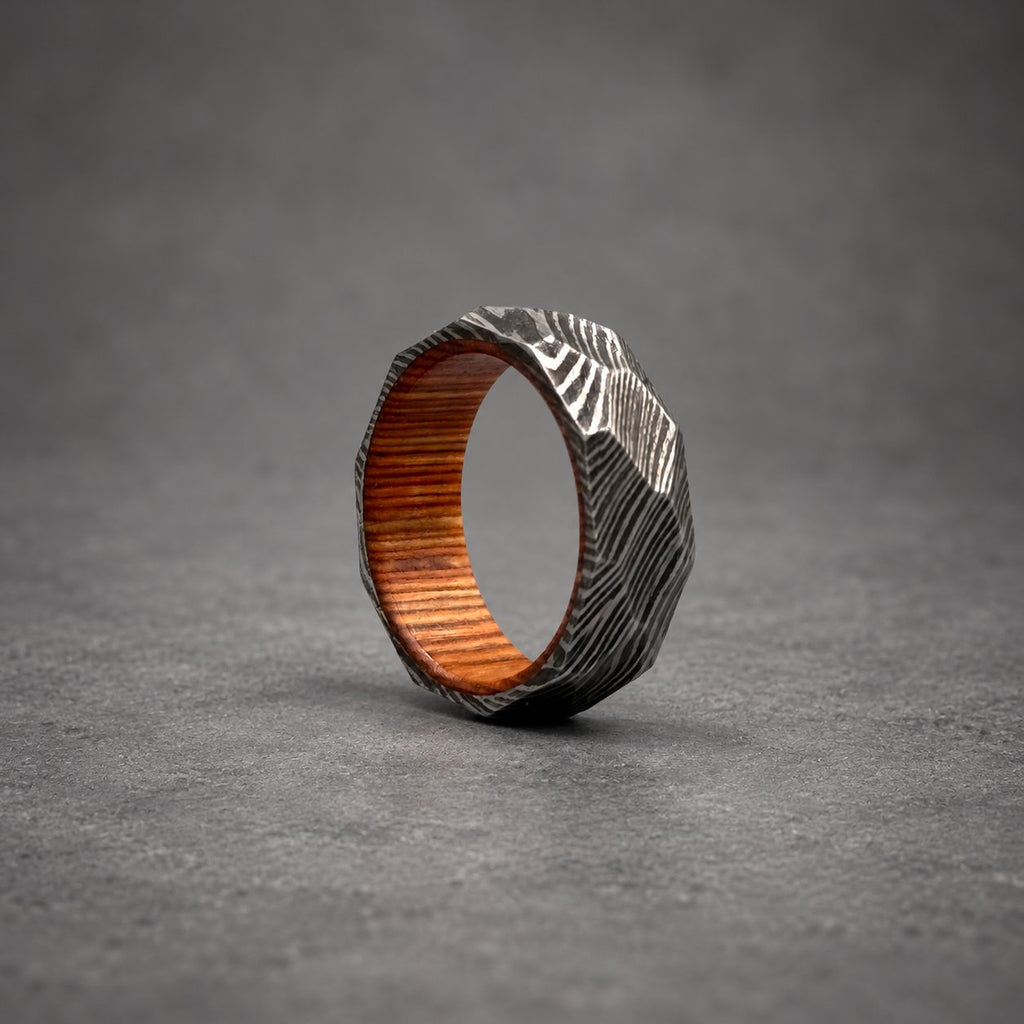 Damascus Steel Wedding Band — Hammered Whiskey Barrel Wood Sleeve, view 7