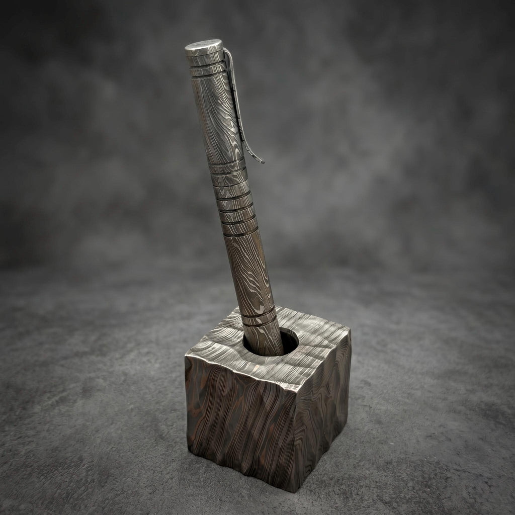 Damascus Steel Ballpoint Pen with Leather Holder — Grooved Grip