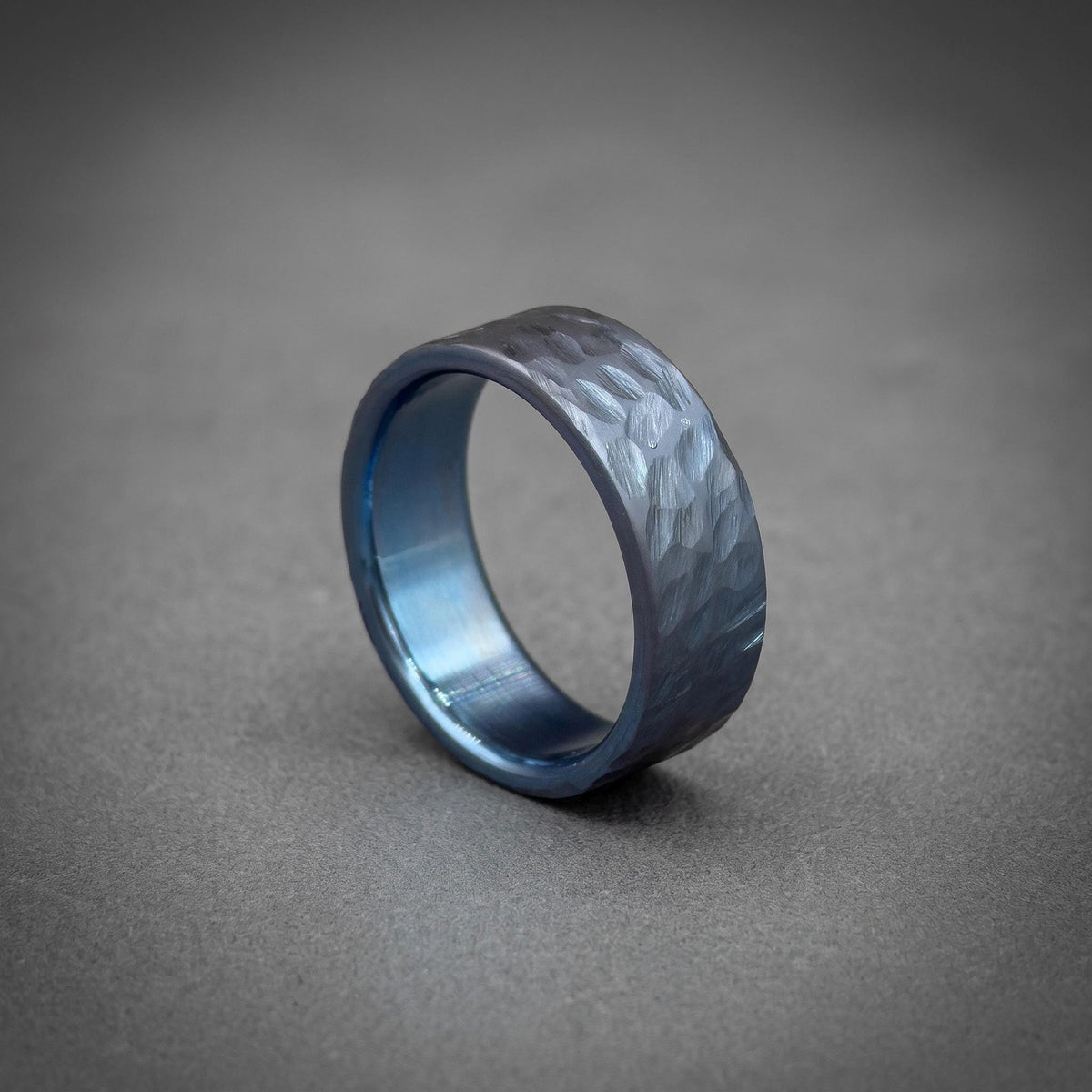 Iced Blue Titanium Wedding Band — Hammered Texture