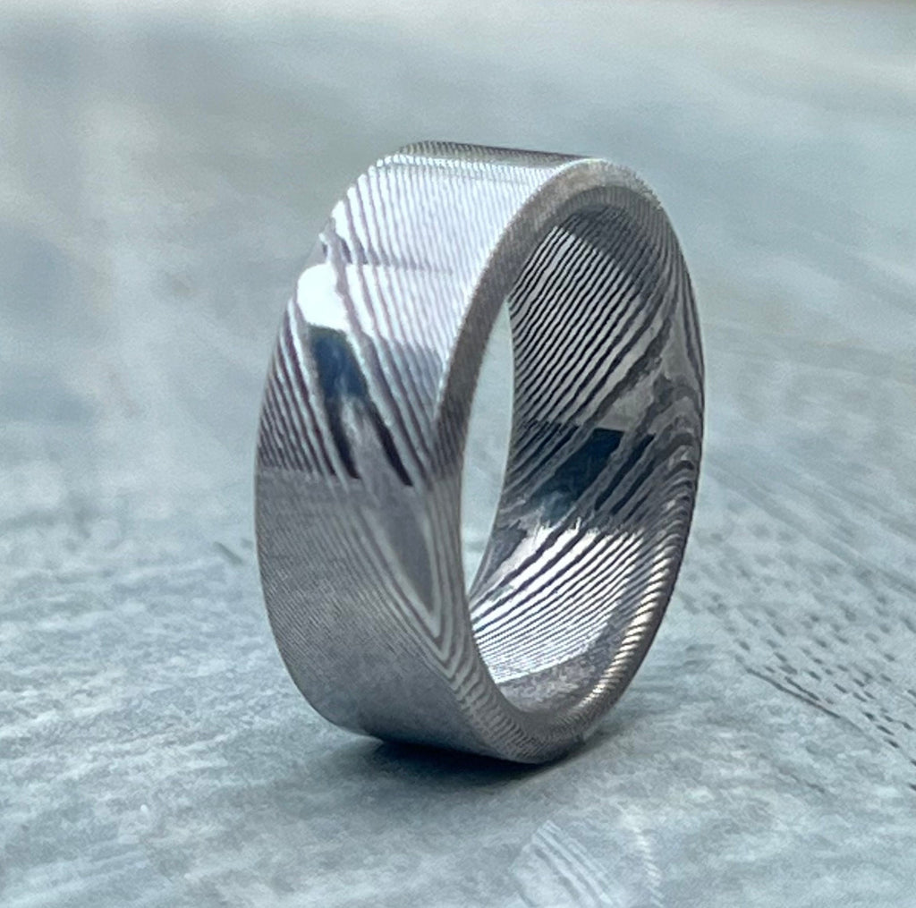 Damascus Stainless Steel Ring, Cosmo Pattern Wedding Band