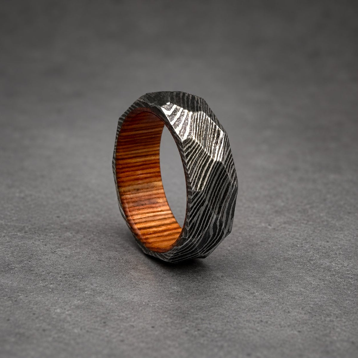 Damascus Steel Wedding Band — Hammered Whiskey Barrel Wood Sleeve, view 8