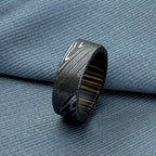 Damascus Steel Wedding Band, 8 mm — Wine Barrel Wood Inlay