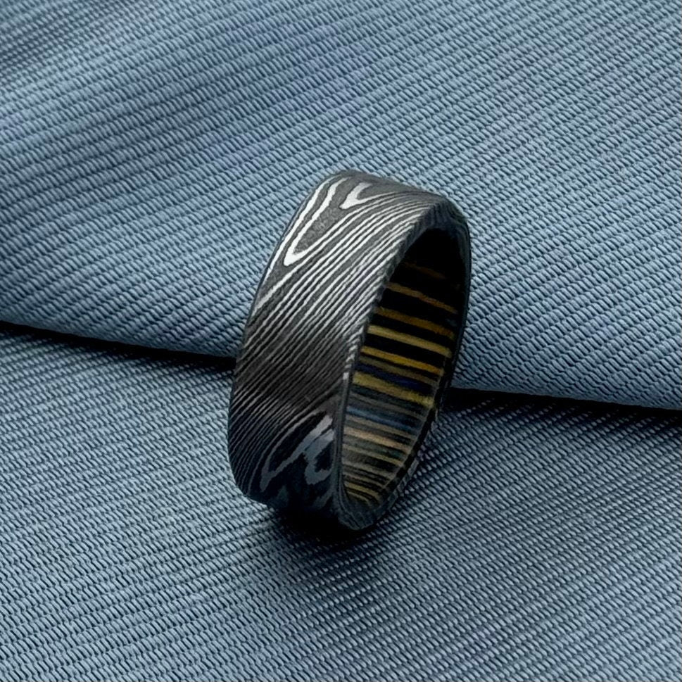 Damascus Steel Wedding Band, 8 mm — Wine Barrel Wood Inlay