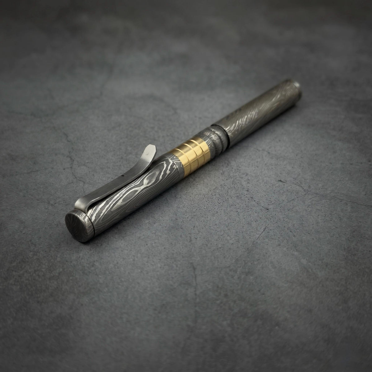 Damascus Steel Ballpoint Pen with Brass Banded Grip