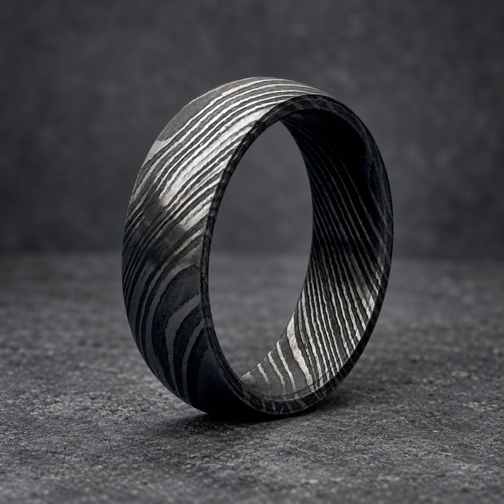 Damascus Steel Wedding Band, 6 mm Domed — Deep Pattern, view 5