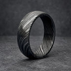 Damascus Steel Wedding Band, 6 mm Domed — Deep Pattern, view 5