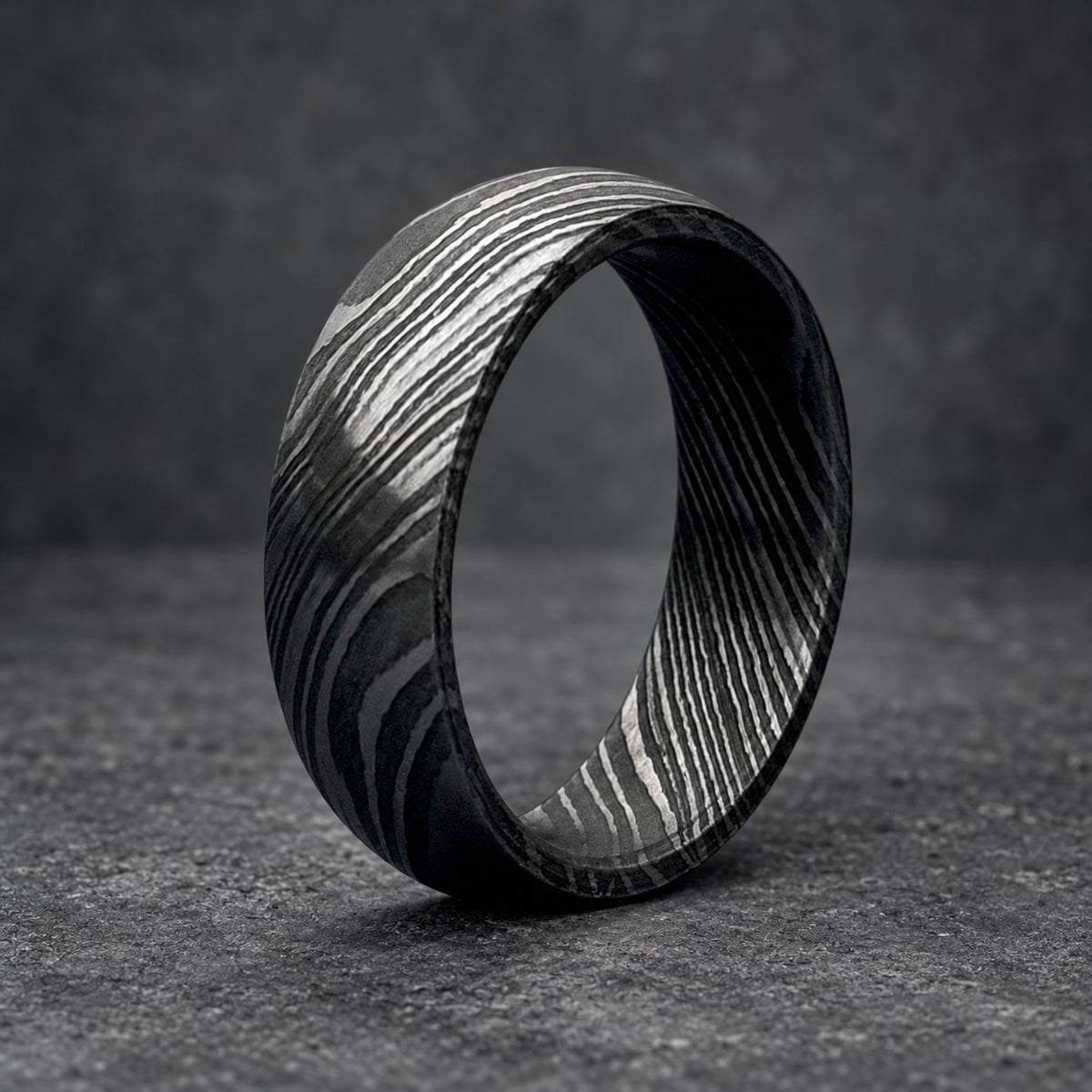 Damascus Steel Wedding Band, 6 mm Domed — Deep Pattern, view 5