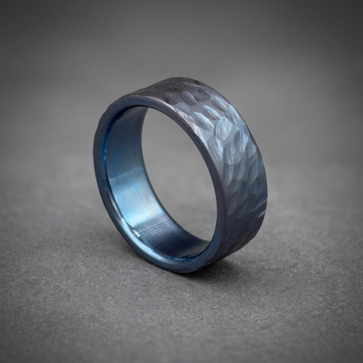 Iced Blue Titanium Wedding Band — Hammered Texture