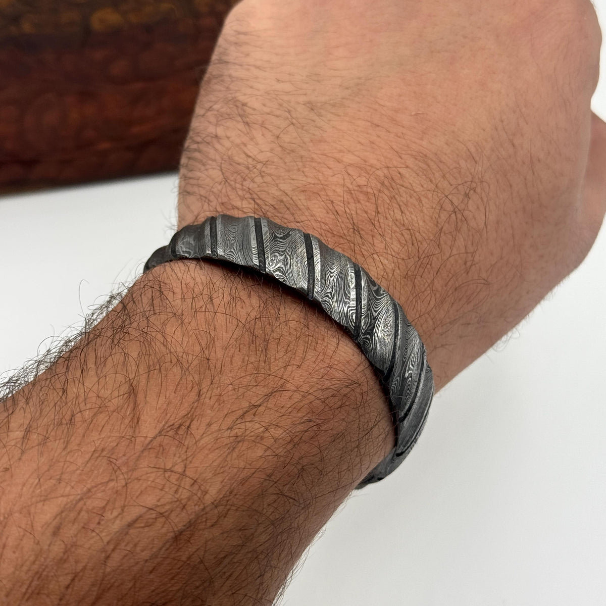 Damascus Steel Cuff Bracelet, Twisted Pattern — Viking Unisex Bangle, view 3