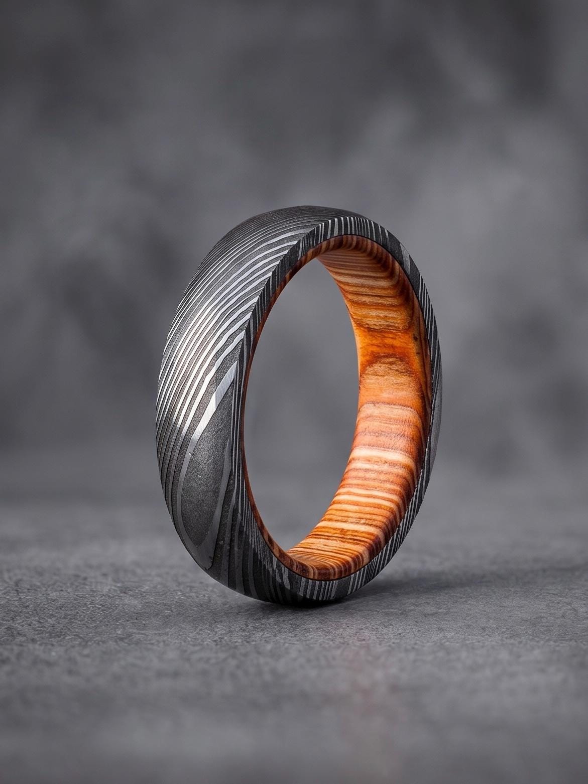 Damascus Steel Wedding Band — Whiskey Barrel Wood Inlay
