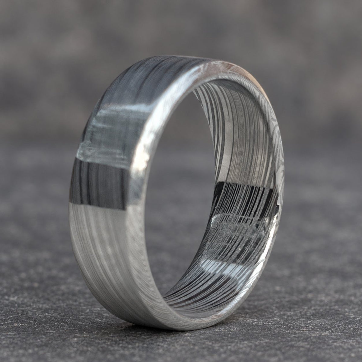 Damascus stainless steel wedding band side view, flat groomsmen ring