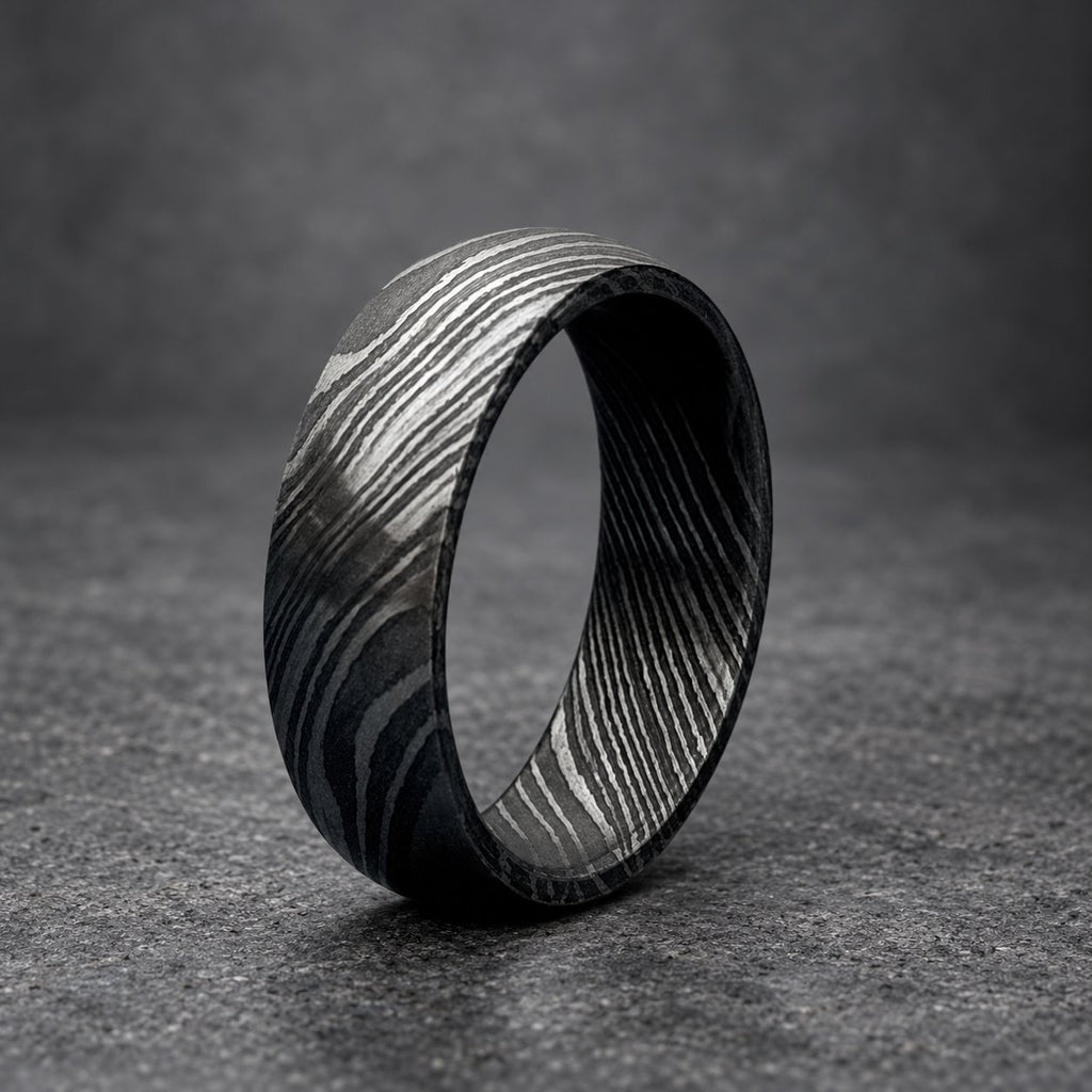 Damascus Steel Wedding Band, 6 mm Domed — Deep Pattern, view 6