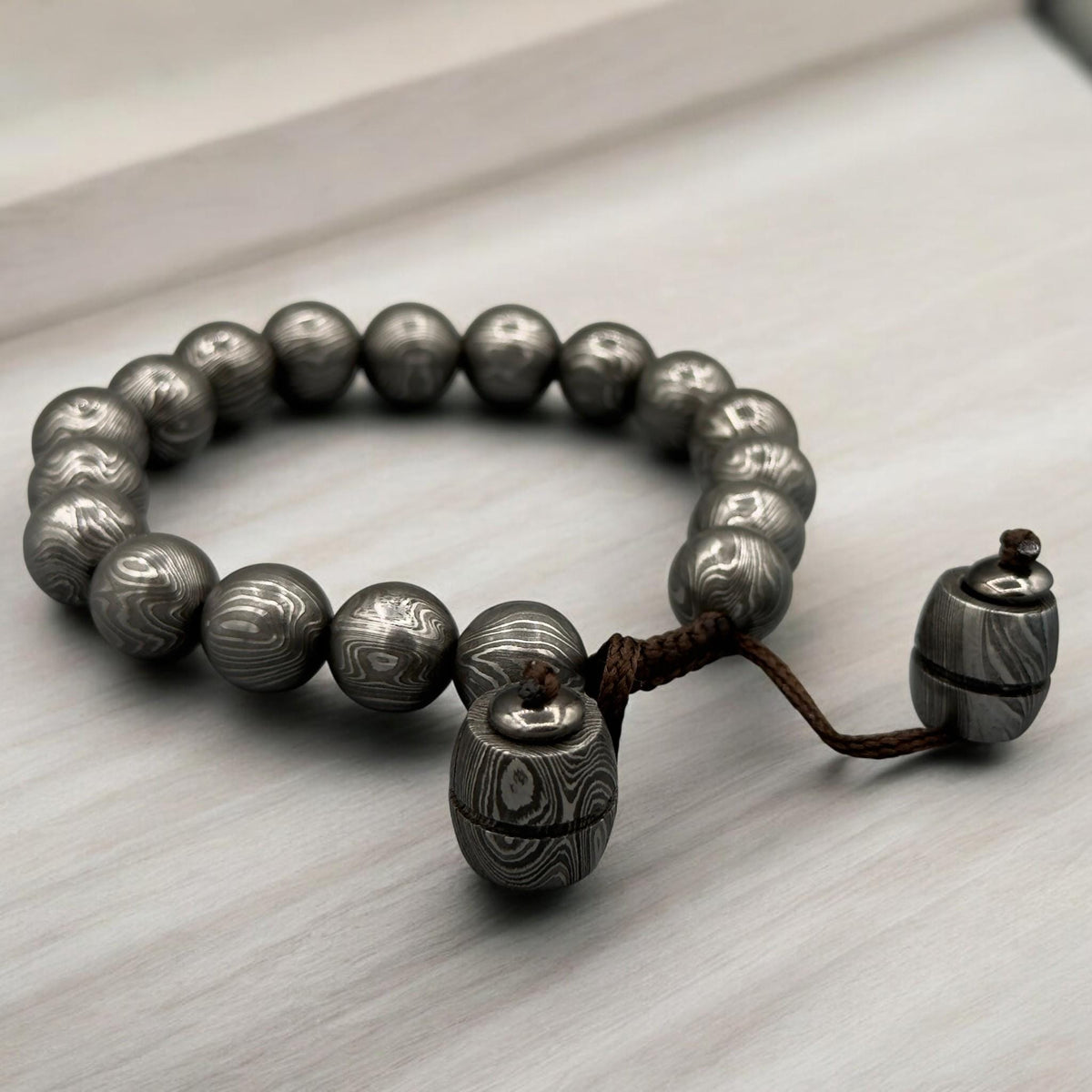 Damascus Steel Beaded Bracelet — Adjustable Viking Cuff, 18 Beads