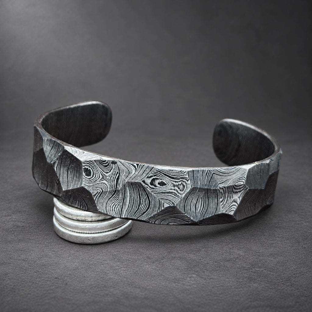 Damascus steel hammered cuff bracelet, Viking bangle with faceted texture