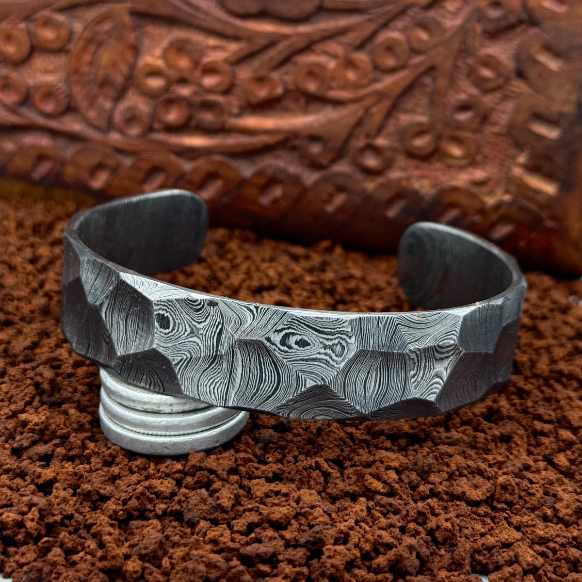 Damascus Steel Cuff Bracelet — Hammered Viking Bangle