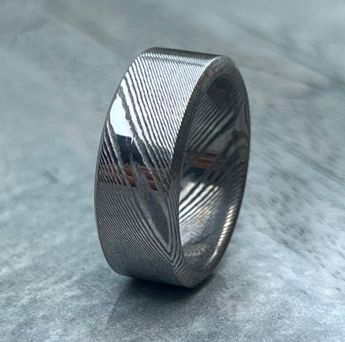 Damascus Stainless Steel Ring, Cosmo Pattern Wedding Band