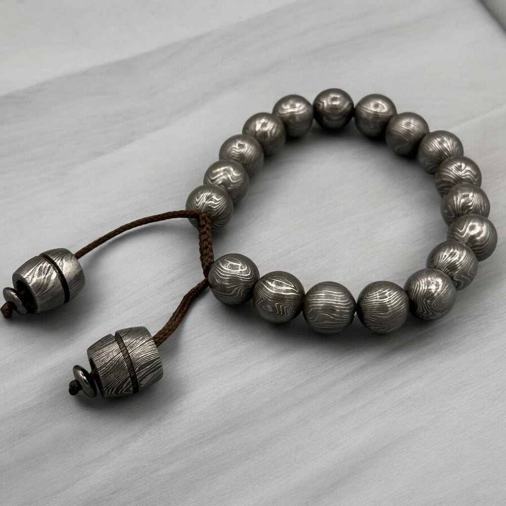 Damascus Steel Beaded Bracelet — Adjustable Viking Cuff, 18 Beads