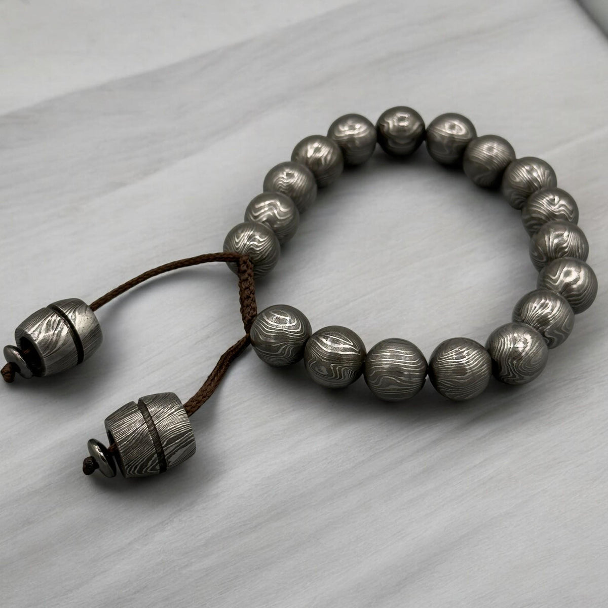 Damascus Steel Beaded Bracelet — Adjustable Viking Cuff, 18 Beads