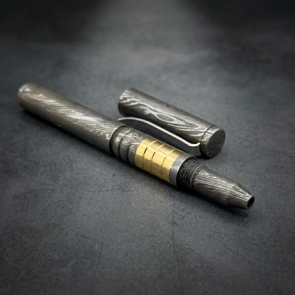 Damascus Steel Ballpoint Pen with Brass Banded Grip