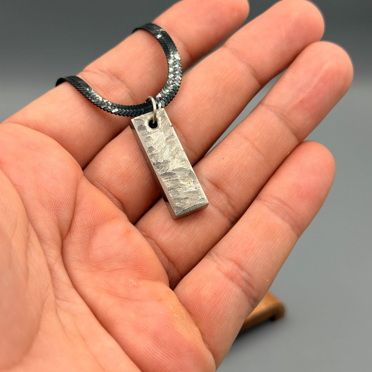 Grade 5 Titanium Bar Pendant with Silver Chain — Hammered Finish