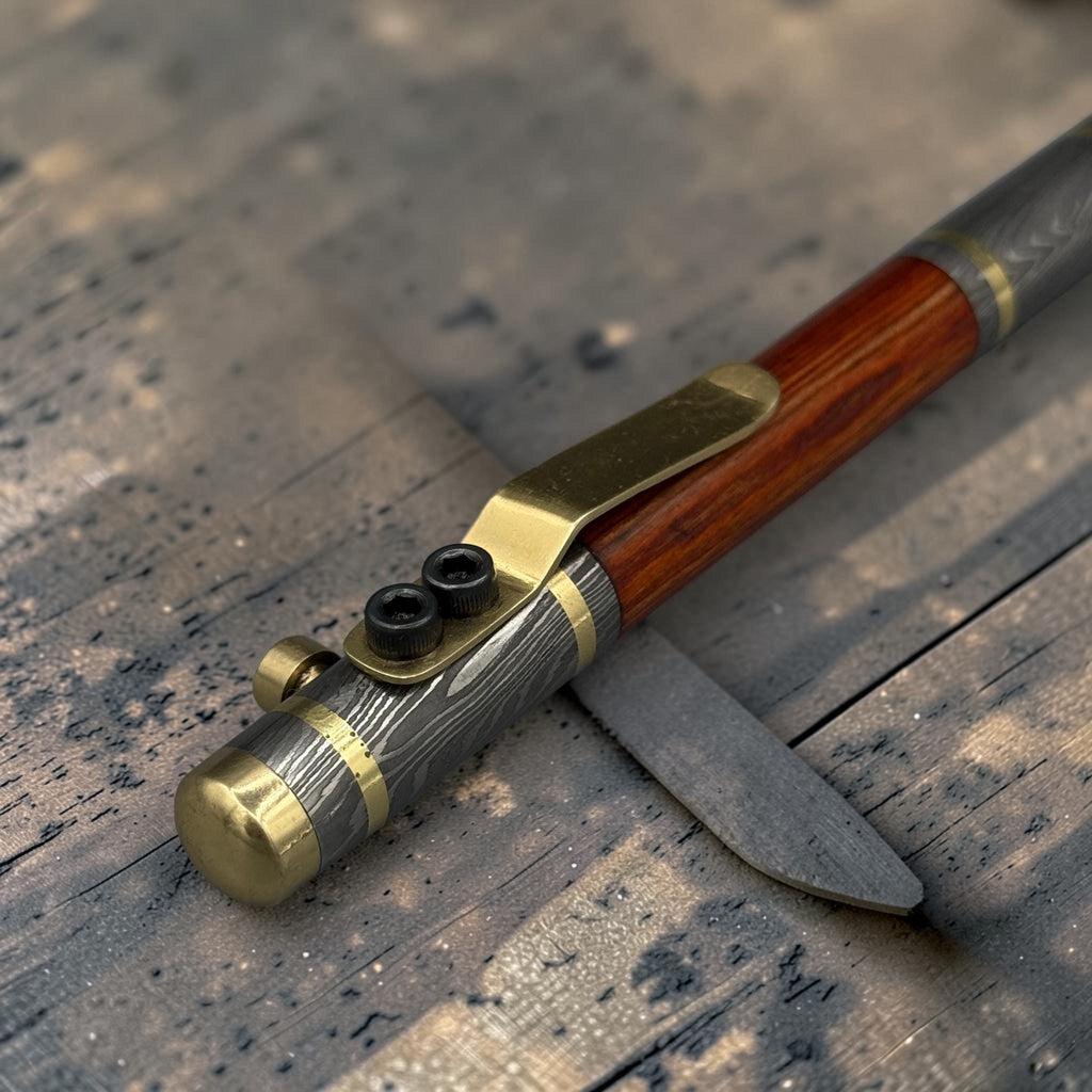 Personalized Damascus steel pen with engraved copper clip