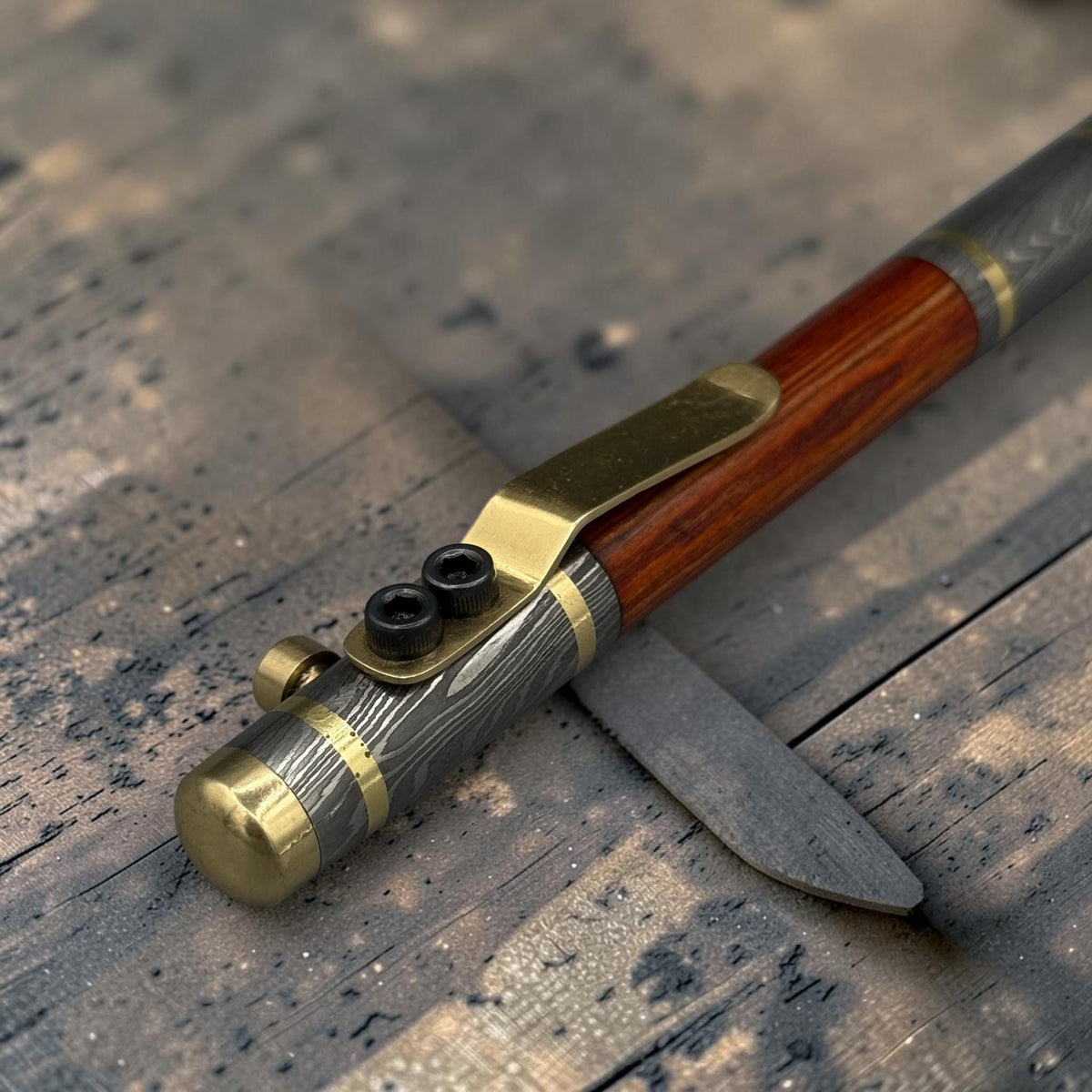 Personalized Damascus steel pen with engraved copper clip