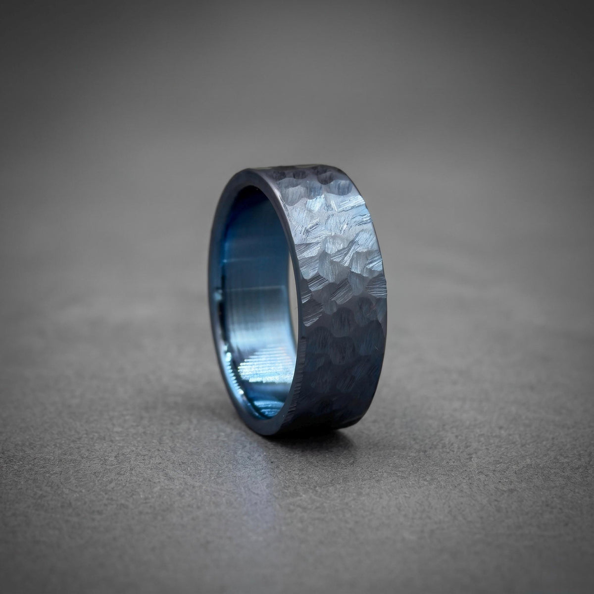 Iced Blue Titanium Wedding Band — Hammered Texture