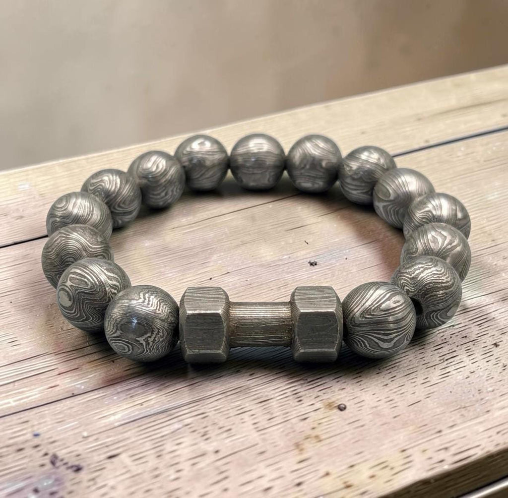 Damascus Steel Beaded Bracelet, Dumbbell Style, 12 mm Beads