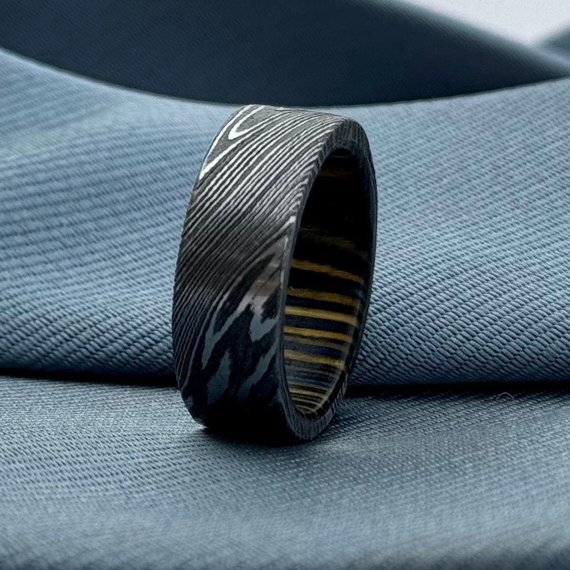 Damascus Steel Wedding Band, 8 mm — Wine Barrel Wood Inlay