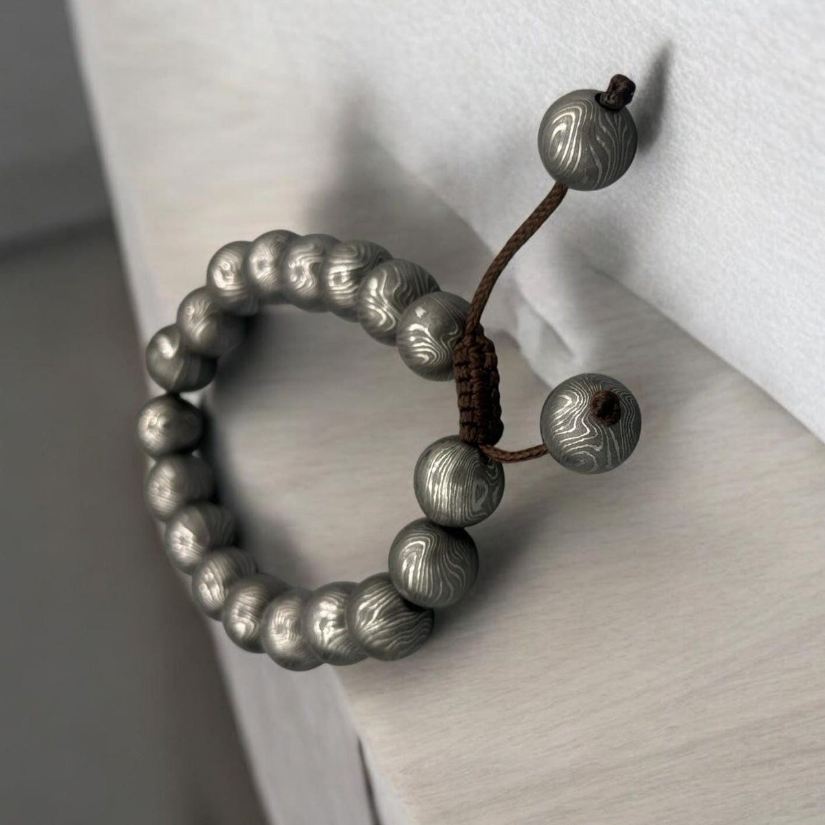Damascus Steel Beaded Bracelet, Adjustable Viking Cuff, 12 mm Beads