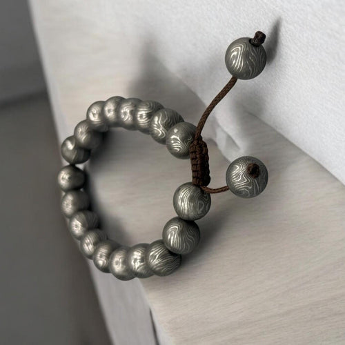 Damascus Steel Beaded Bracelet, Adjustable Viking Cuff, 12 mm Beads