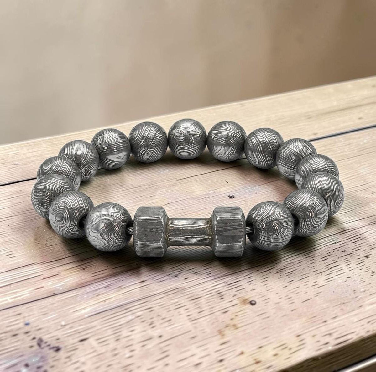 Damascus Steel Beaded Bracelet, Dumbbell Style, 12 mm Beads
