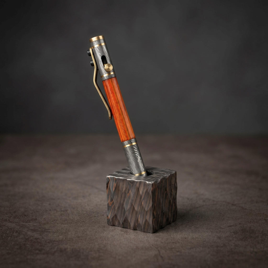 Damascus Steel Whiskey Barrel Pen with Leather Case — Click Action