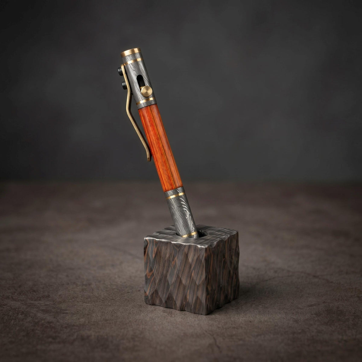 Damascus Steel Whiskey Barrel Pen with Leather Case — Click Action