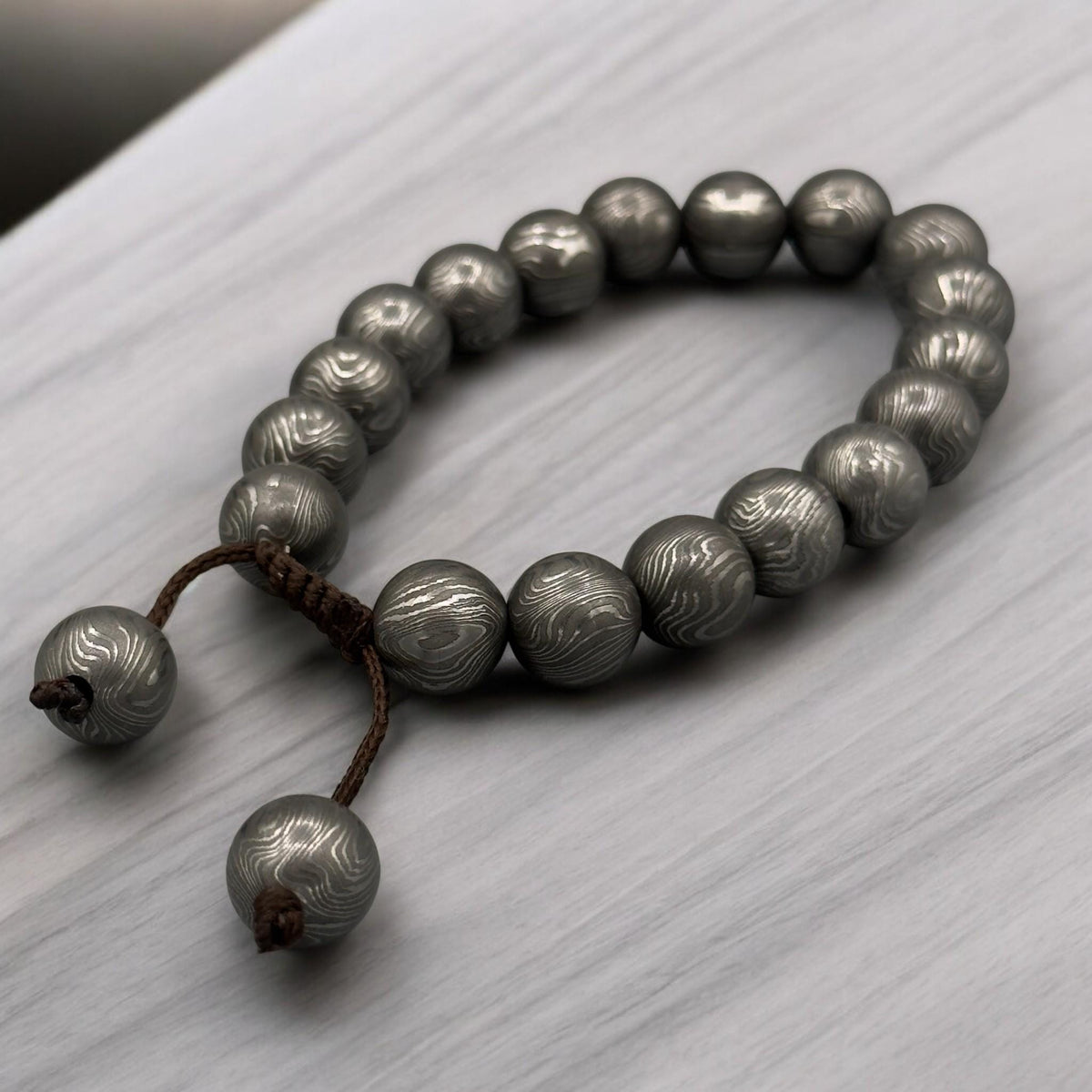 Damascus Steel Beaded Bracelet, Adjustable Viking Cuff, 12 mm Beads