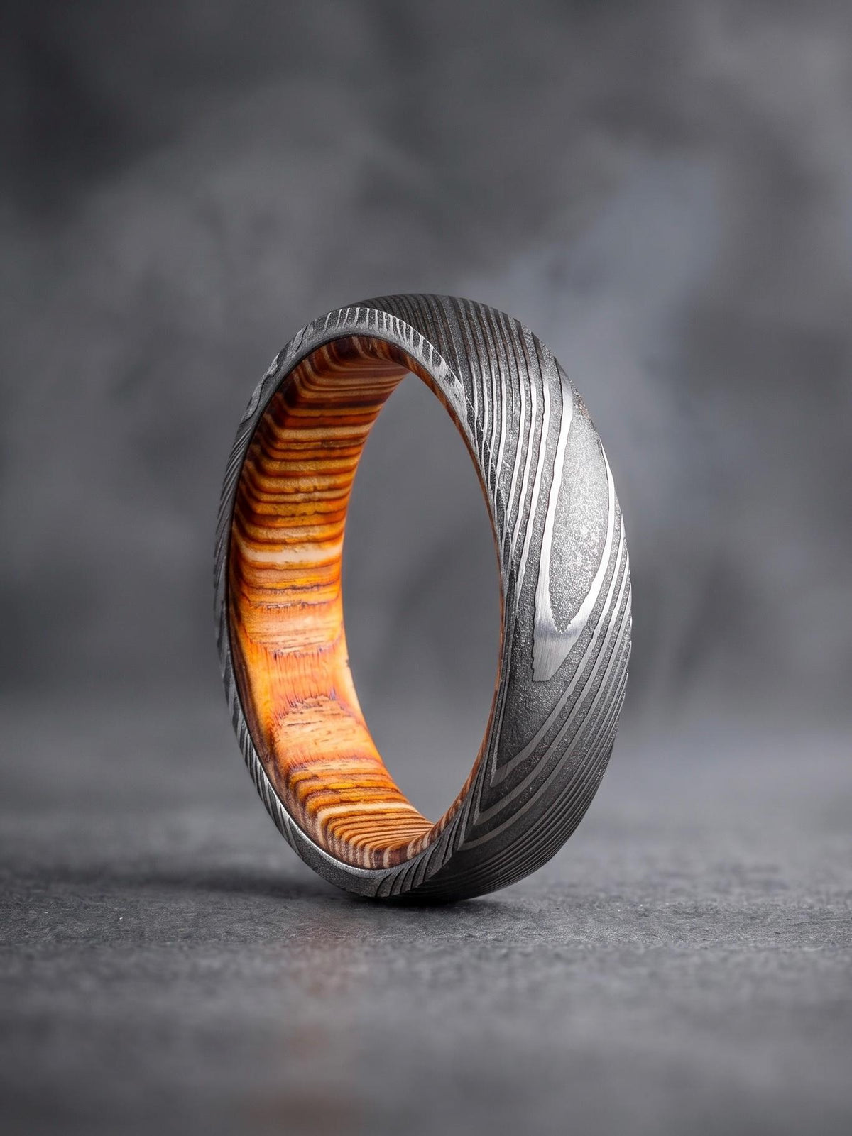 Damascus Steel Wedding Band — Whiskey Barrel Wood Inlay