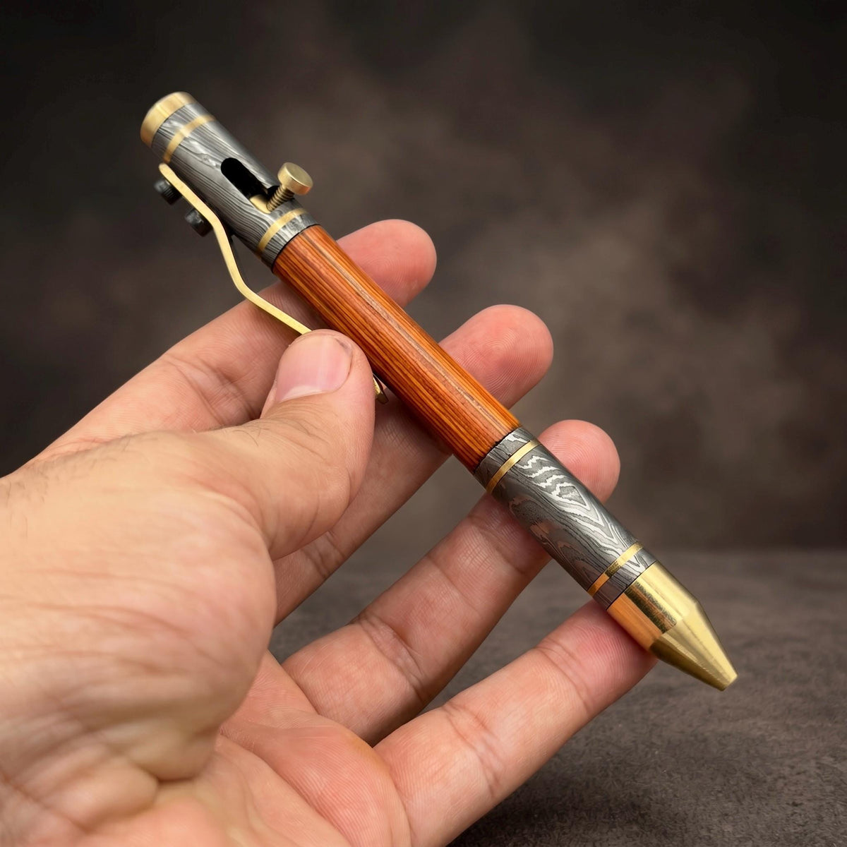 Damascus Steel Whiskey Barrel Pen with Leather Case — Click Action