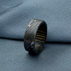 Damascus Steel Wedding Band, 8 mm — Wine Barrel Wood Inlay