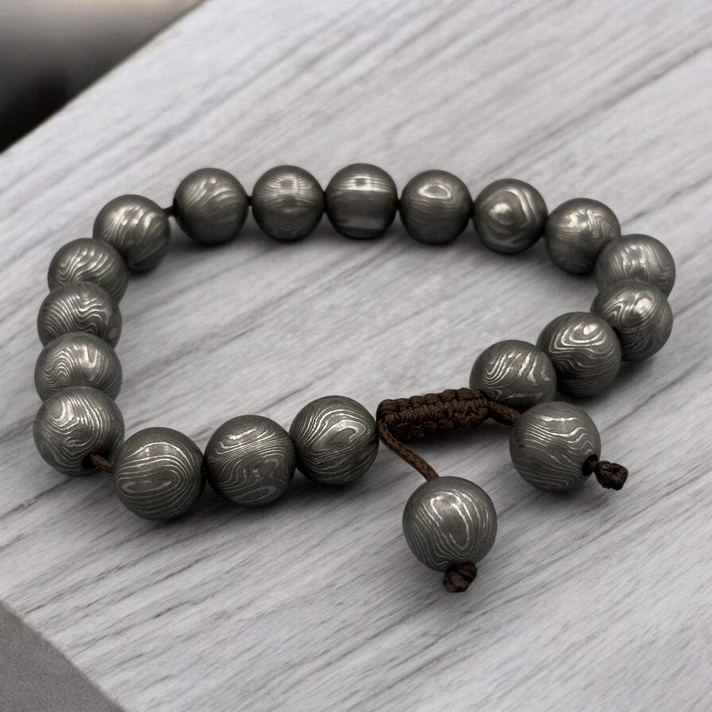 Damascus Steel Beaded Bracelet, Adjustable Viking Cuff, 12 mm Beads