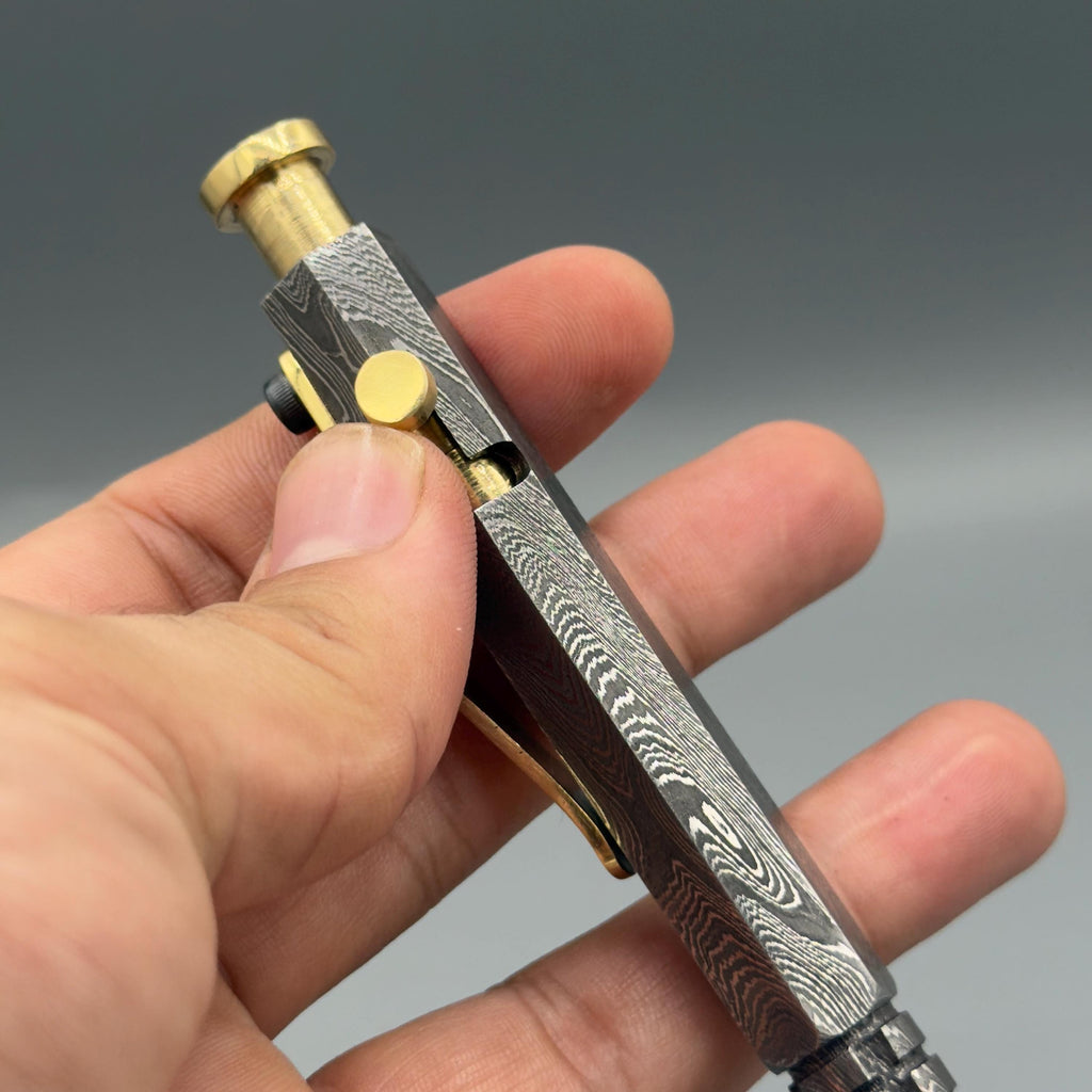 Damascus Steel Hexagonal Bolt Action Pen — Knurled Grip