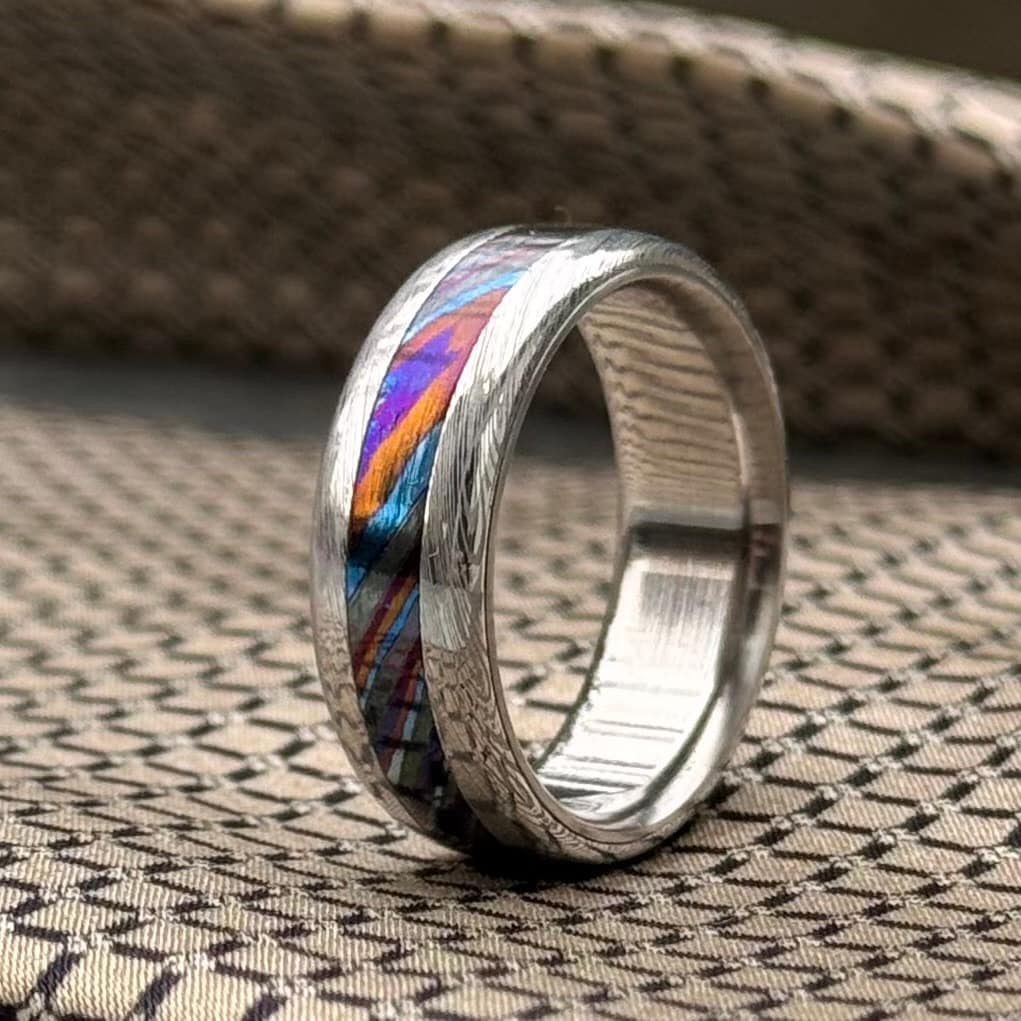 Damasteel and Timascus Wedding Band — Titanium Inlay