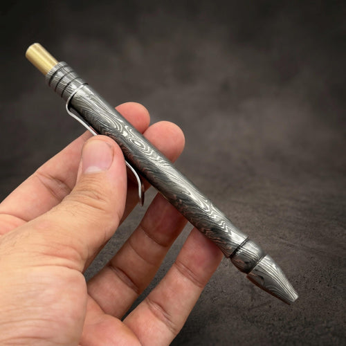 Damascus Steel Ballpoint Pen, Grooved — Brass Tipped