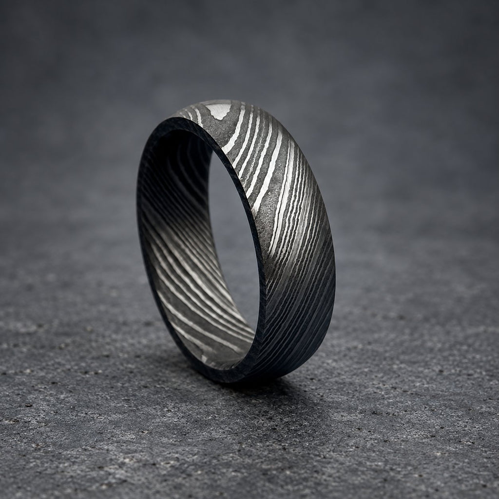 Damascus Steel Wedding Band, 6 mm Domed — Deep Pattern, view 3