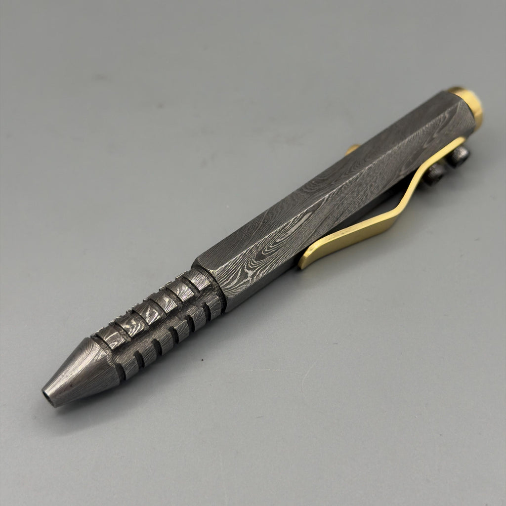 Damascus Steel Hexagonal Bolt Action Pen — Knurled Grip