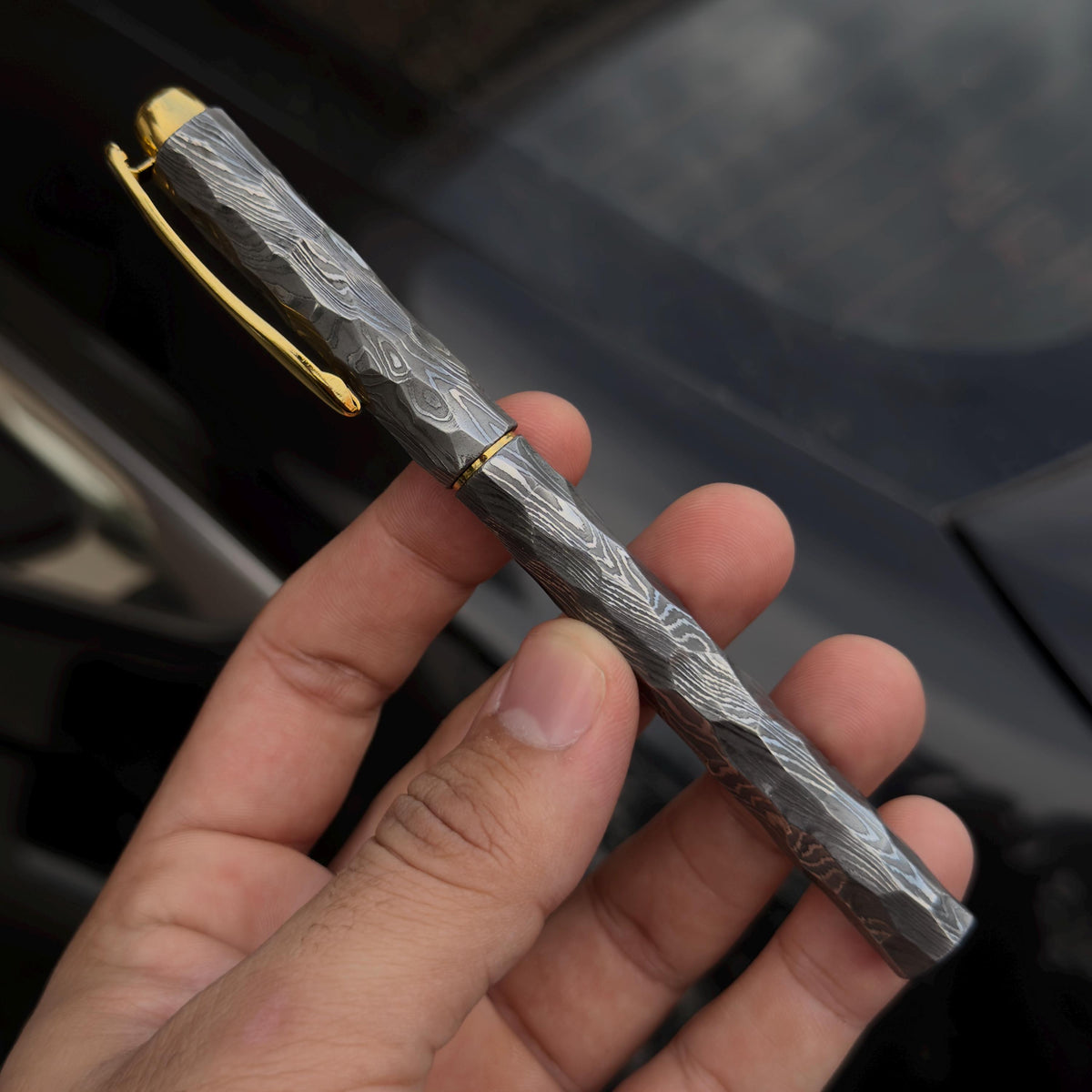 Damascus Steel Fountain Pen — Faceted Barrel