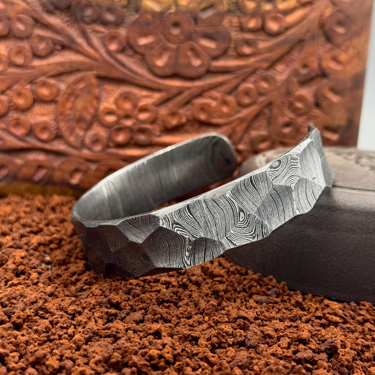 Damascus Steel Cuff Bracelet — Hammered Viking Bangle