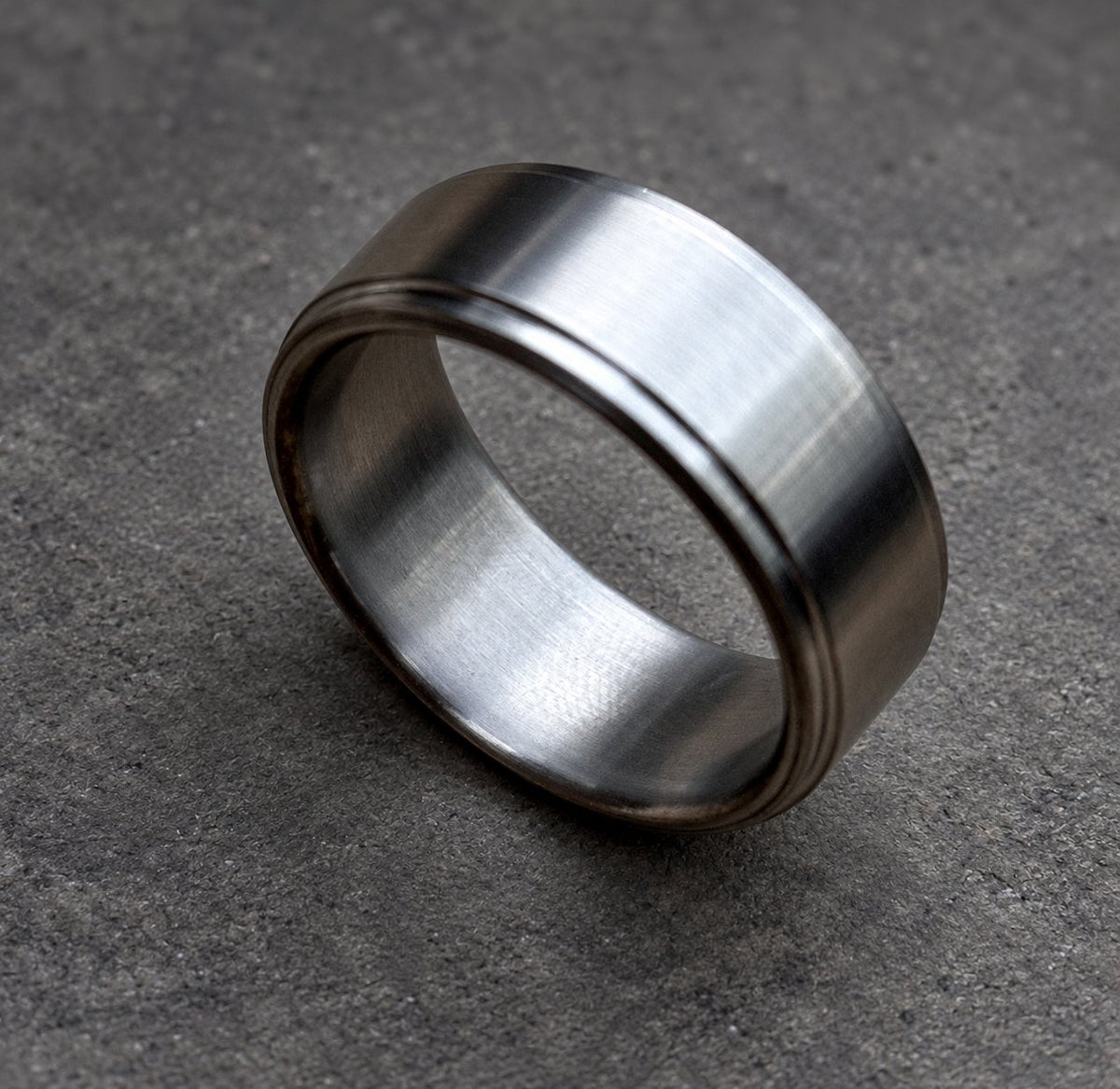 Brushed Titanium Wedding Band — Stepped Edge Gray Ring, view 4